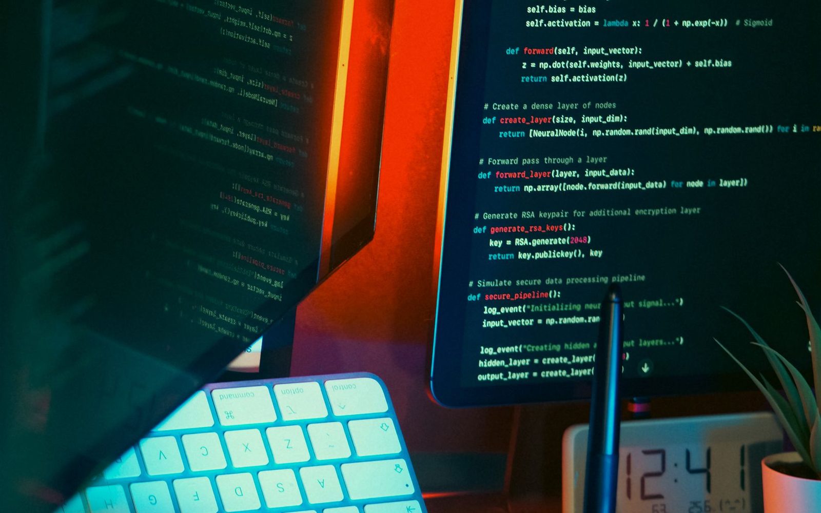 Developer desk at night with code on monitors
